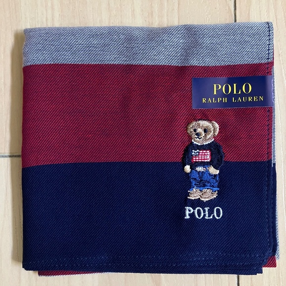 New Polo Ralph Lauren Bear Handkerchief Scarf Pocket Square Red Grey Stripes - Picture 1 of 2